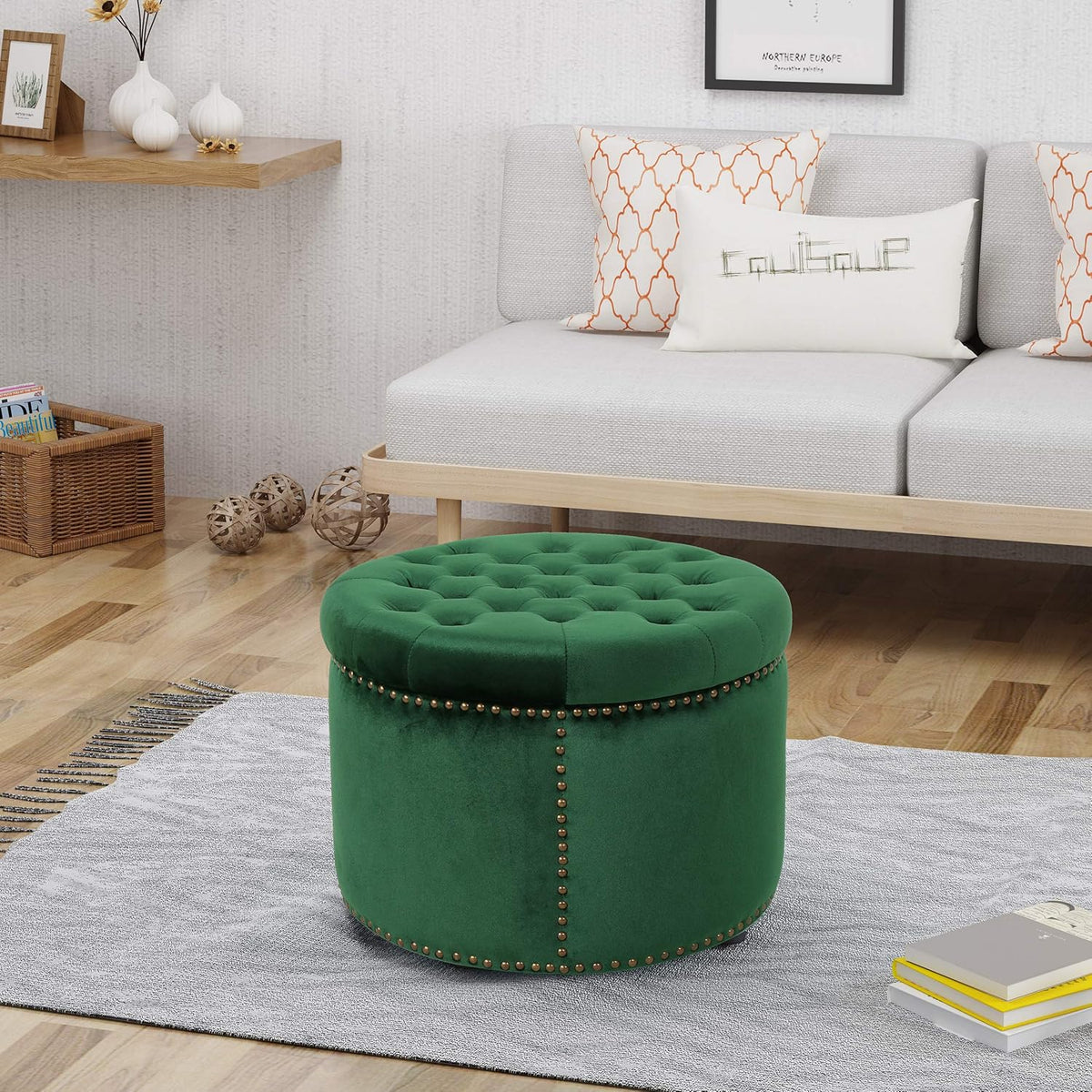 Emerald Velvet Tufted Ottoman U5819