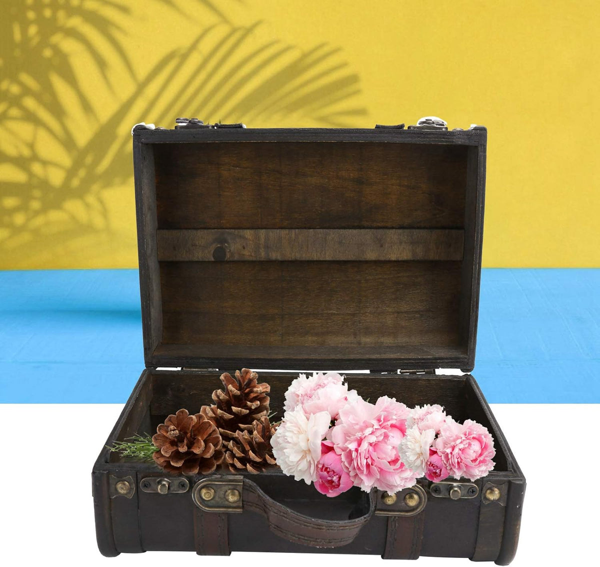Vintage Wooden Suitcase with Buckle Lock Storage Chest E80213