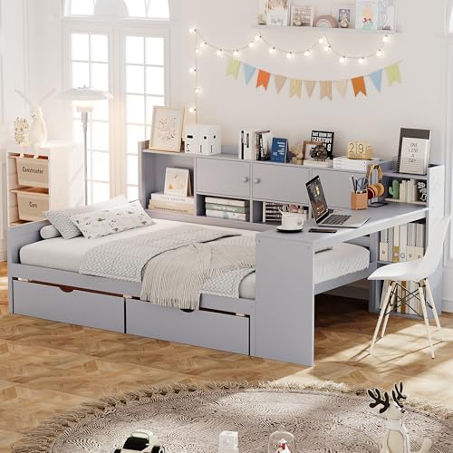Twin Size Wood Daybed with Bookcase Storage and Desk R767