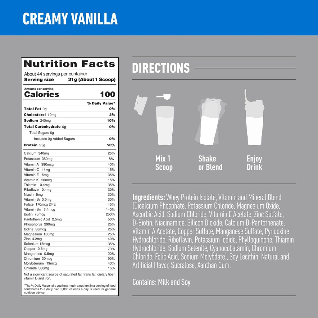 Creamy Vanilla Whey Isolate Protein Powder, 44 Servings, 3 Pounds O491821