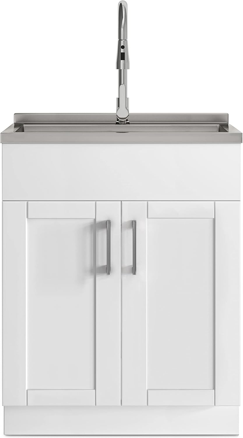 White Laundry Cabinet with Stainless Steel Sink S31019