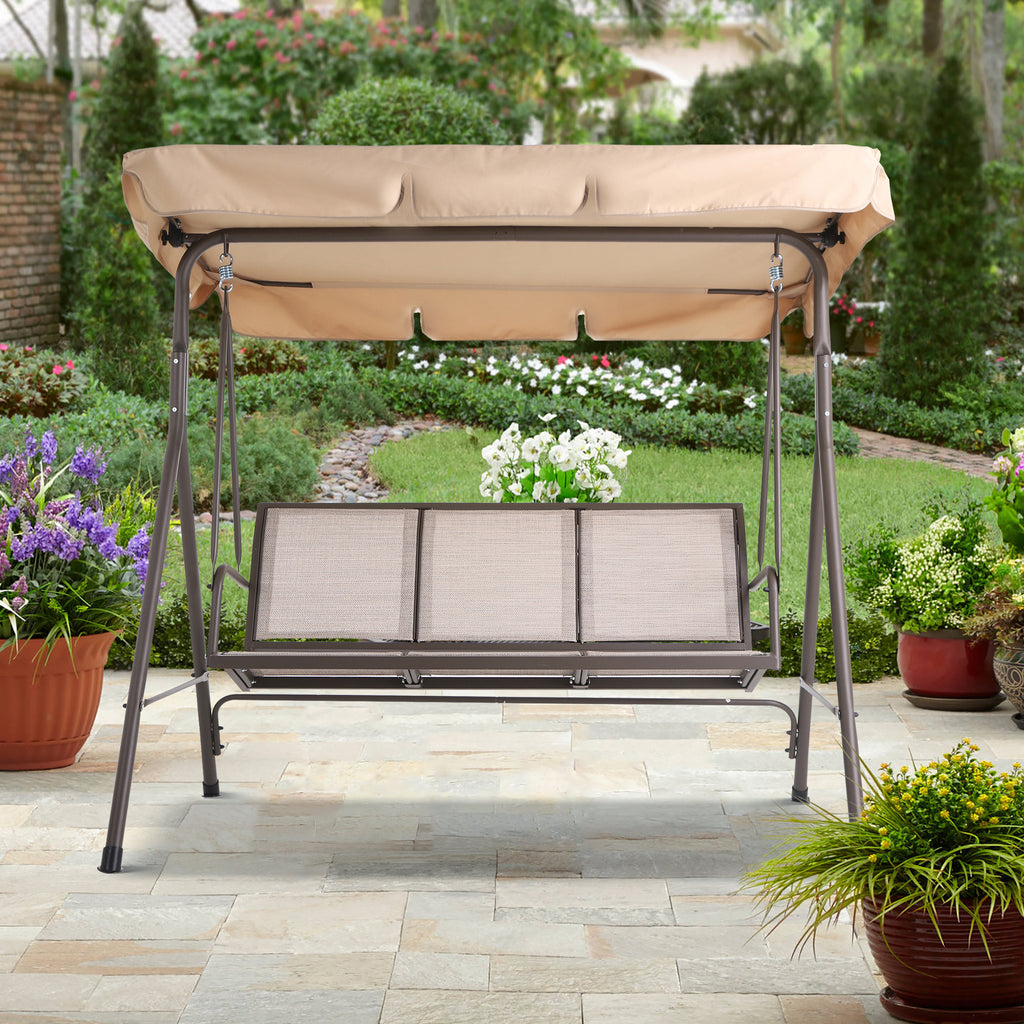Beige 3-Person Steel Outdoor Patio Swing Chair V19954