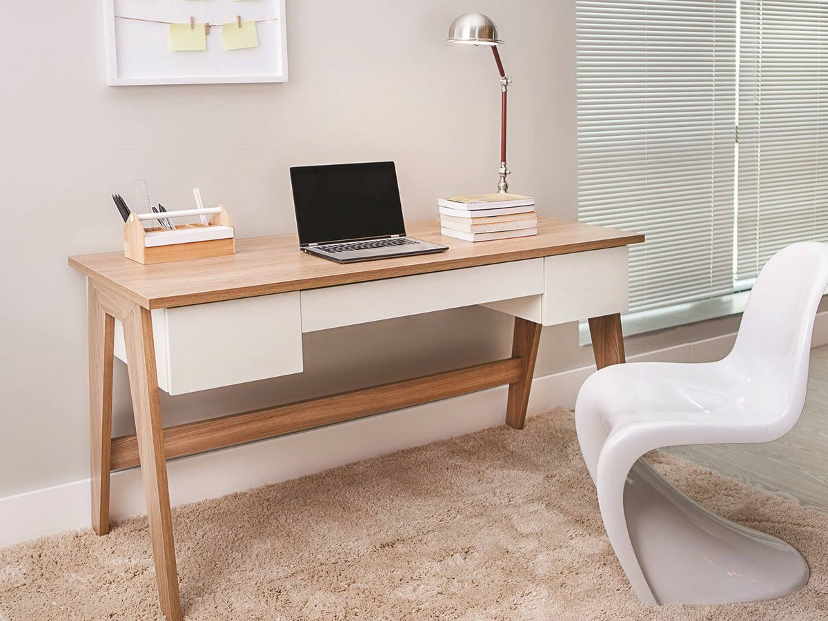 White Executive Office Desk with Light Oak Legs Q24310