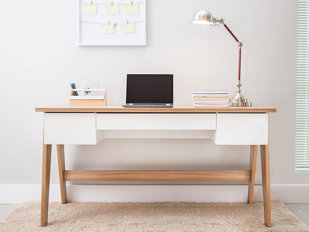 White Executive Office Desk with Light Oak Legs Q24310