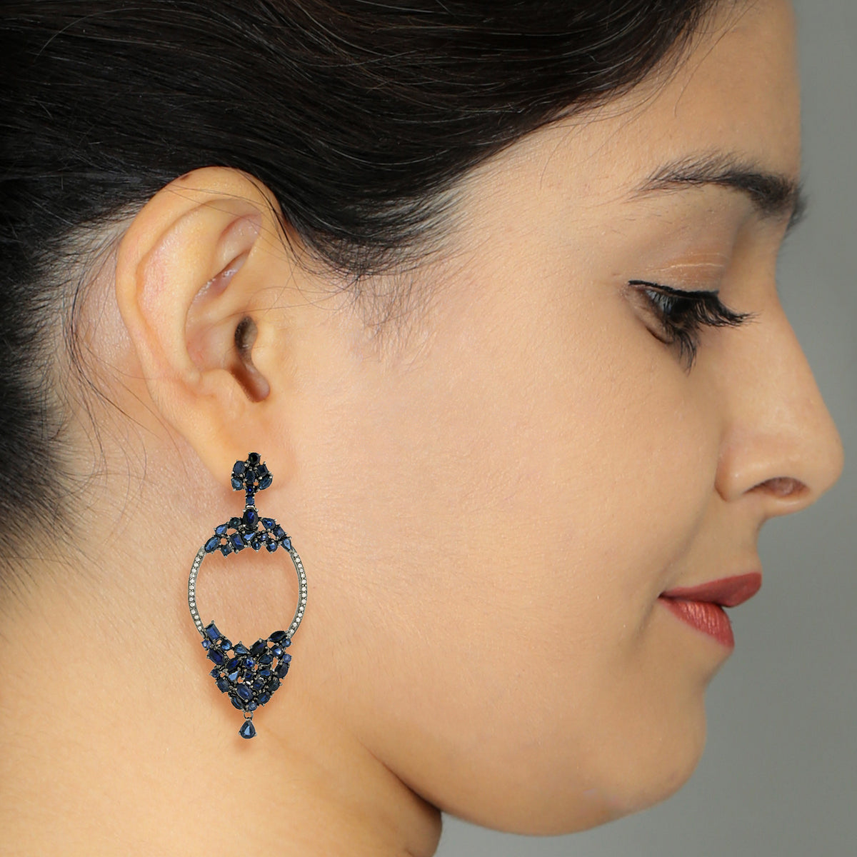 Pave Diamond Blue Sapphire Dangle Earrings A1546