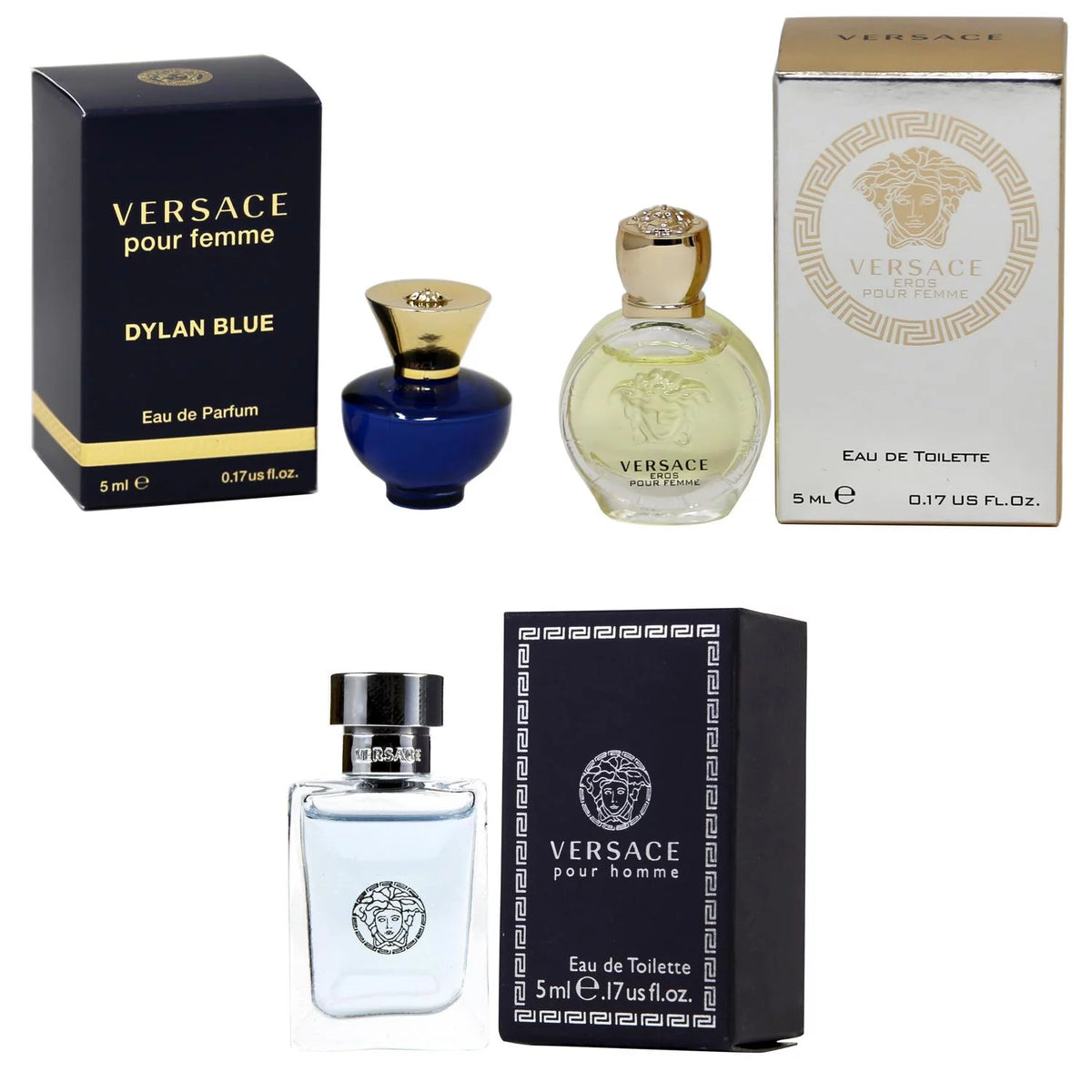 Versace Dylan Blue Femme EDP, Eros Women EDT, Pour Homme EDT - 5ml 3PK Kit H7605
