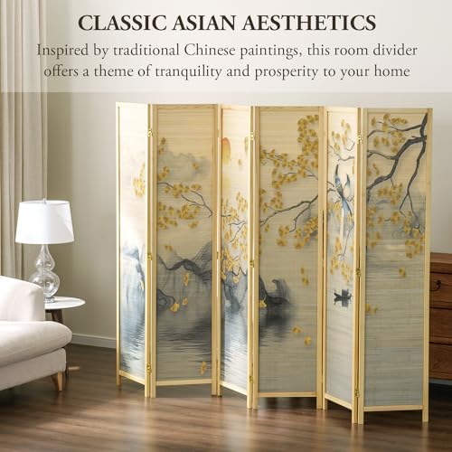 6 Panel Bamboo Room Divider Folding Screen with Beige Solid Wood Frame W9991