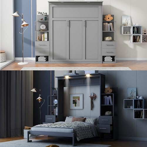 Gray Queen Murphy Bed with Storage Shelves, Drawers and LED Light, Wood Foldable Wall Bed Frame R6341