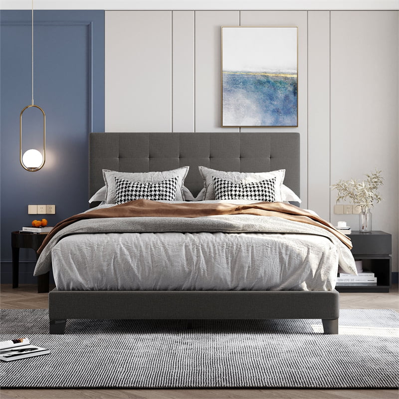 Gray Linen Fabric Queen Upholstered Platform Bed with Tufted Headboard V7557