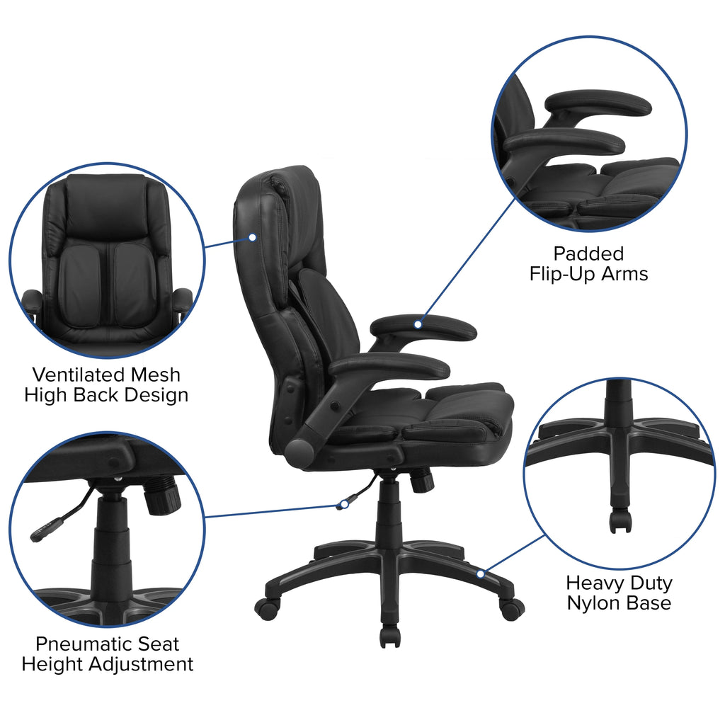 Black LeatherSoft Executive Swivel Ergonomic Office Chair with Flip-Up Arms L5090