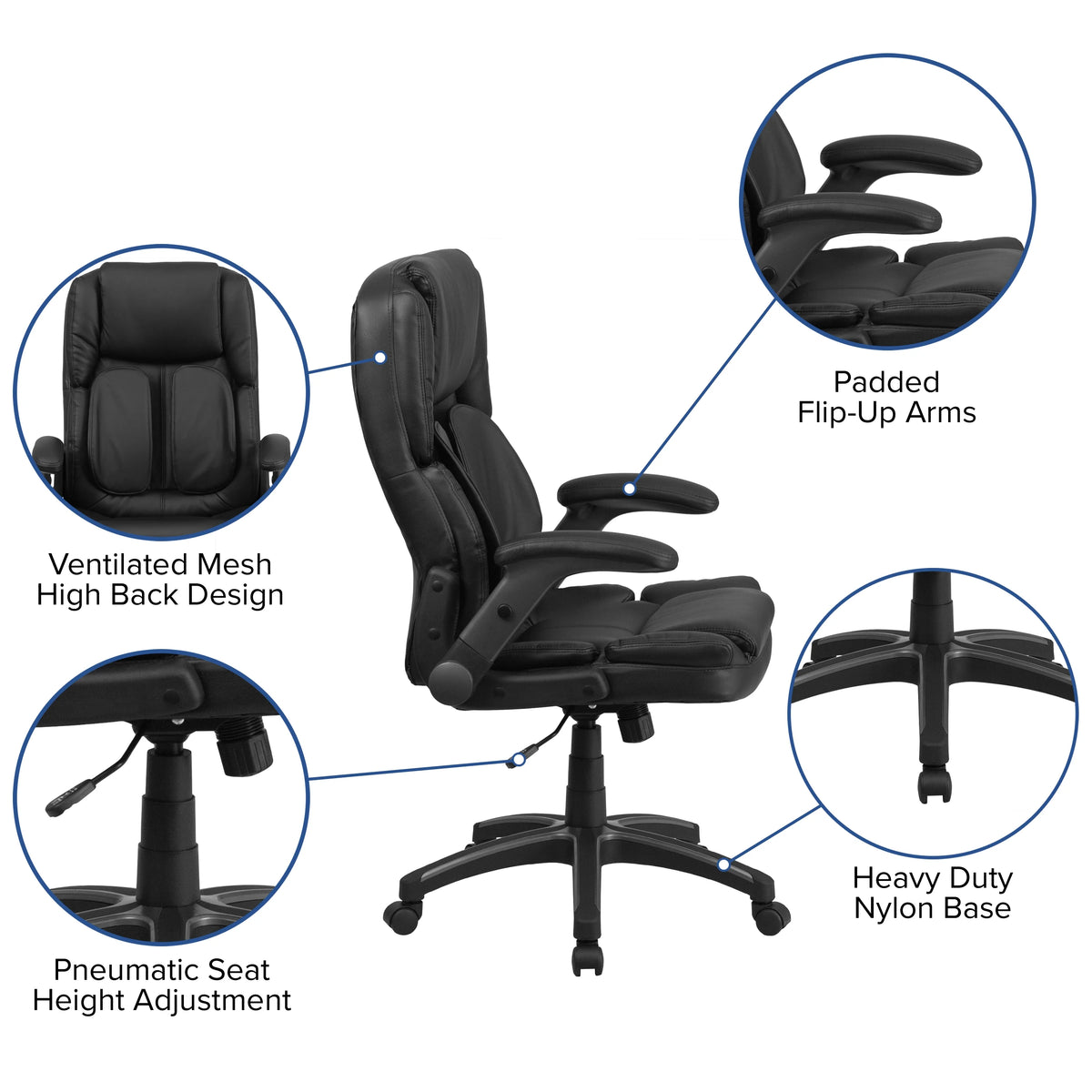 Black LeatherSoft Executive Swivel Ergonomic Office Chair with Flip-Up Arms L5090