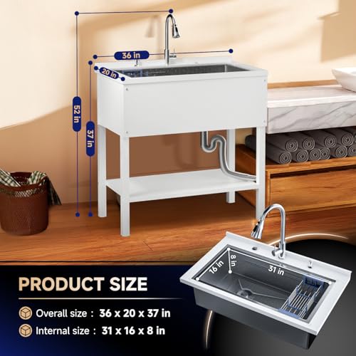 Stainless Steel Freestanding Utility Sink 36" with Pull Out Faucet (black) V863926