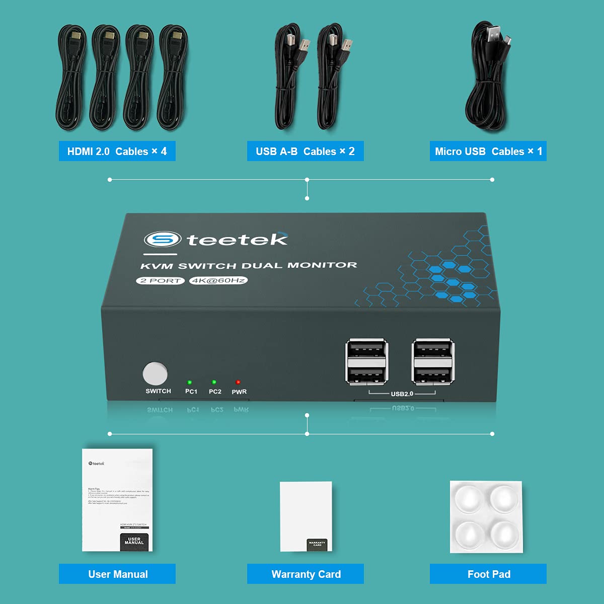 KVM Switch HDMI Dual Monitor, UHD4K@60Hz, 2 Computers Share 2 Monitors, 4 USB 2.0 ports, HDCP2.2 V578