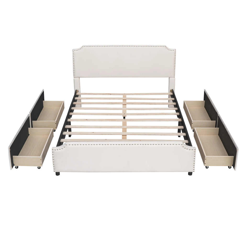 Beige Velvet Queen Size Bed with 4 Storage Drawers M40217
