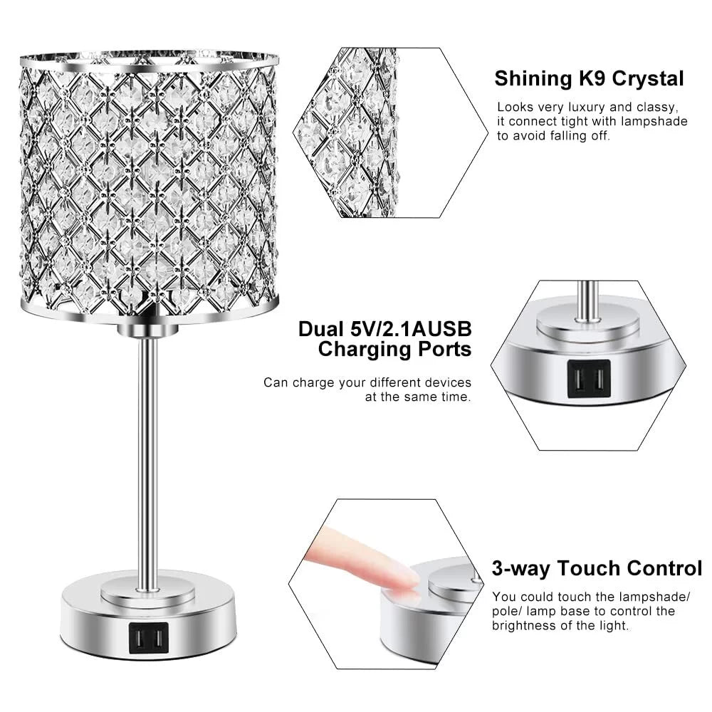 Crystal Table Lamp Set of 2 with 2 USB Charging Ports M23675
