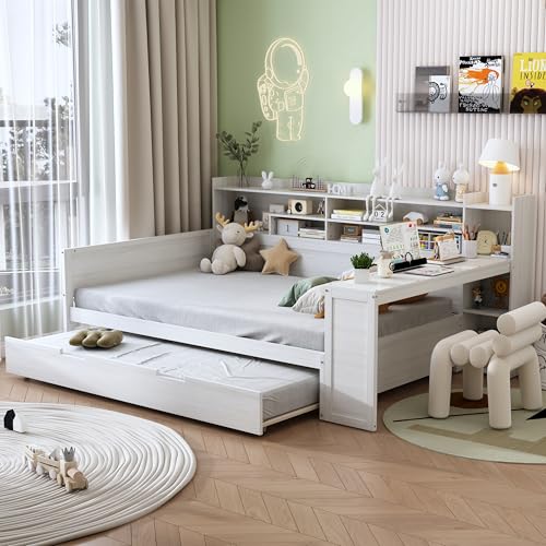 Twin Size Wood Daybed with Bookcase Storage and Desk R767