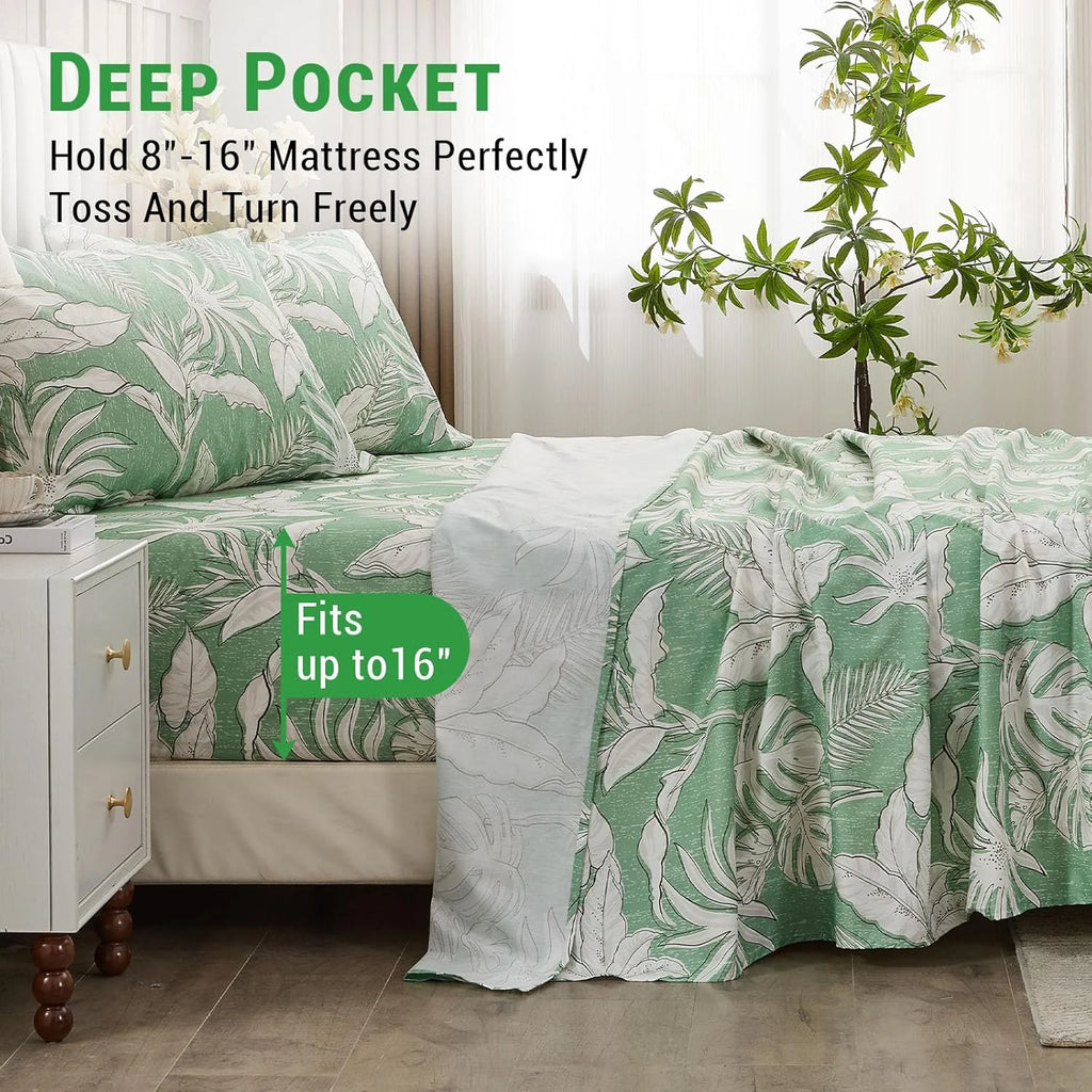 Green Floral Cotton Sheet Set Queen Size 4PC G6774