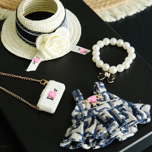 17cm Doll Clothes Set with Hat Pearl Necklace Bag Accessories Blue I8424