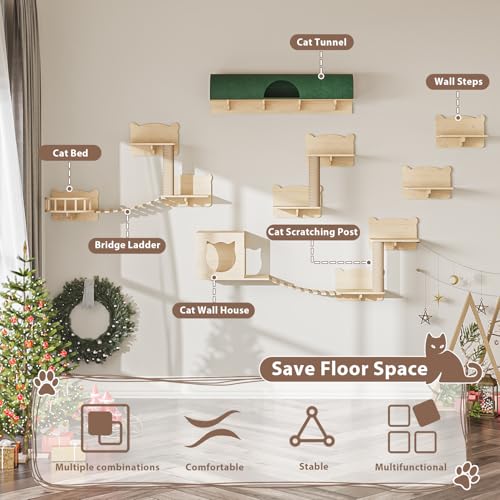 16 Pcs Wall Mounted Cat Shelves with Bed and Scratching Post D3638