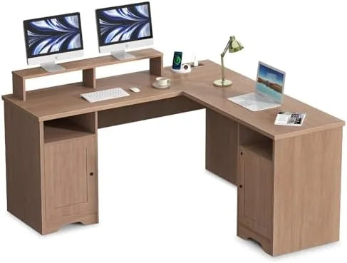 L Shaped Desk with Drawers 60 Inch Corner Computer Desk with USB Charging Port and Power Outlet Oak H420