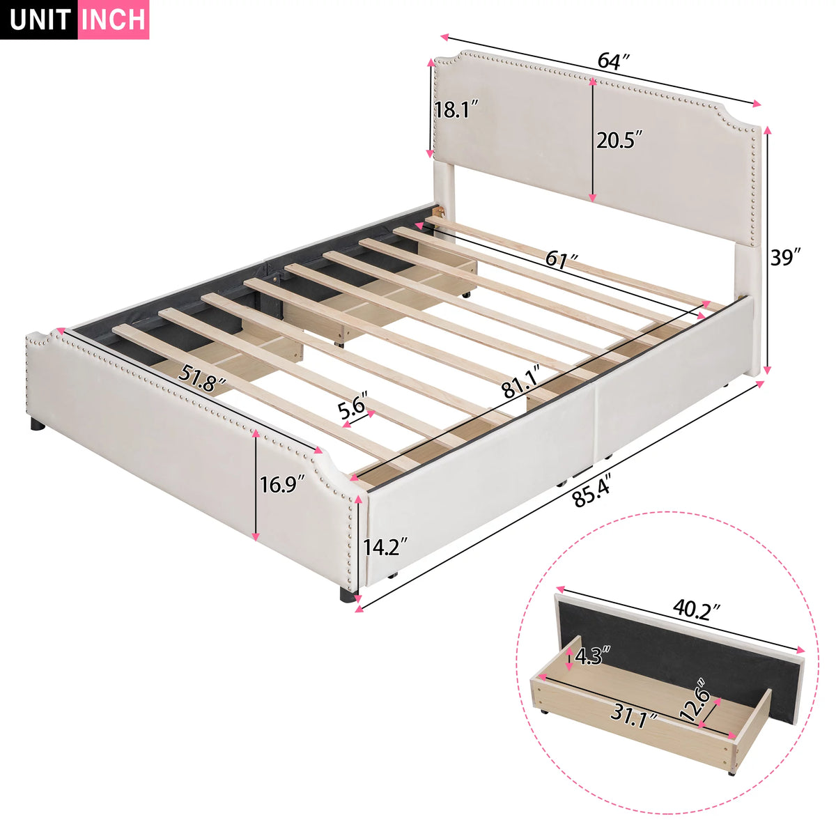 Beige Velvet Queen Size Bed with 4 Storage Drawers M40217