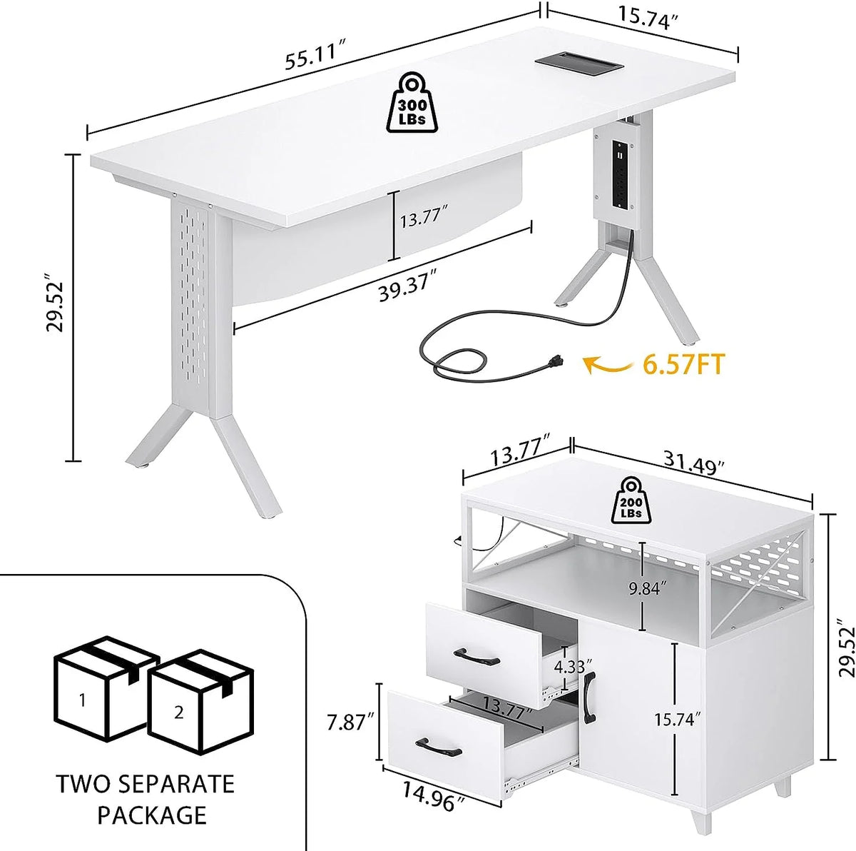 White 55 Inch L Shaped Desk with File Cabinet and Power Outlet Q169