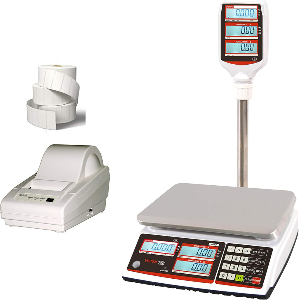 Price Computing Scale with Pole Display, 12lb Capacity, 0.002lb Readability, Thermal Label Printer, 1 Case of Labels G7579