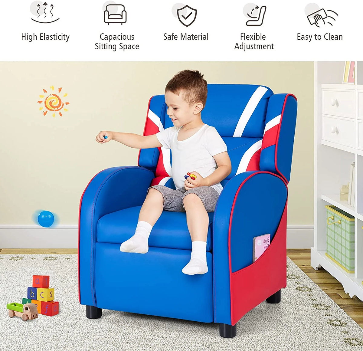 Blue Ergonomic Leather Recliner Chair with Footrest Y6666