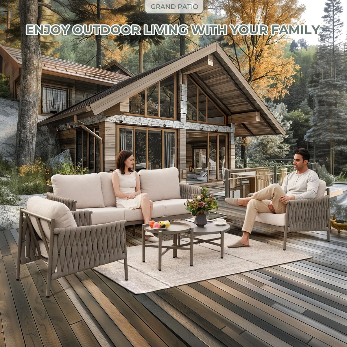 5-Piece Cotton Rope Outdoor Conversation Set with Cushions Q957055