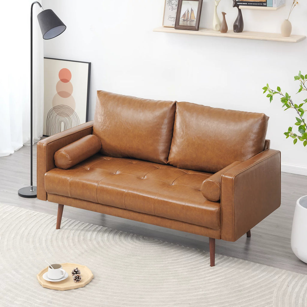 Mid-Century Modern Faux Leather 2-Piece Sofa Set Brown O6021