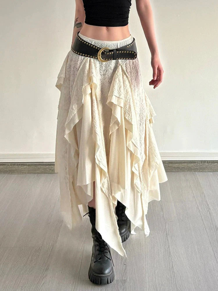 Lace Ruffle Irregular Hem Midi Skirt W959128