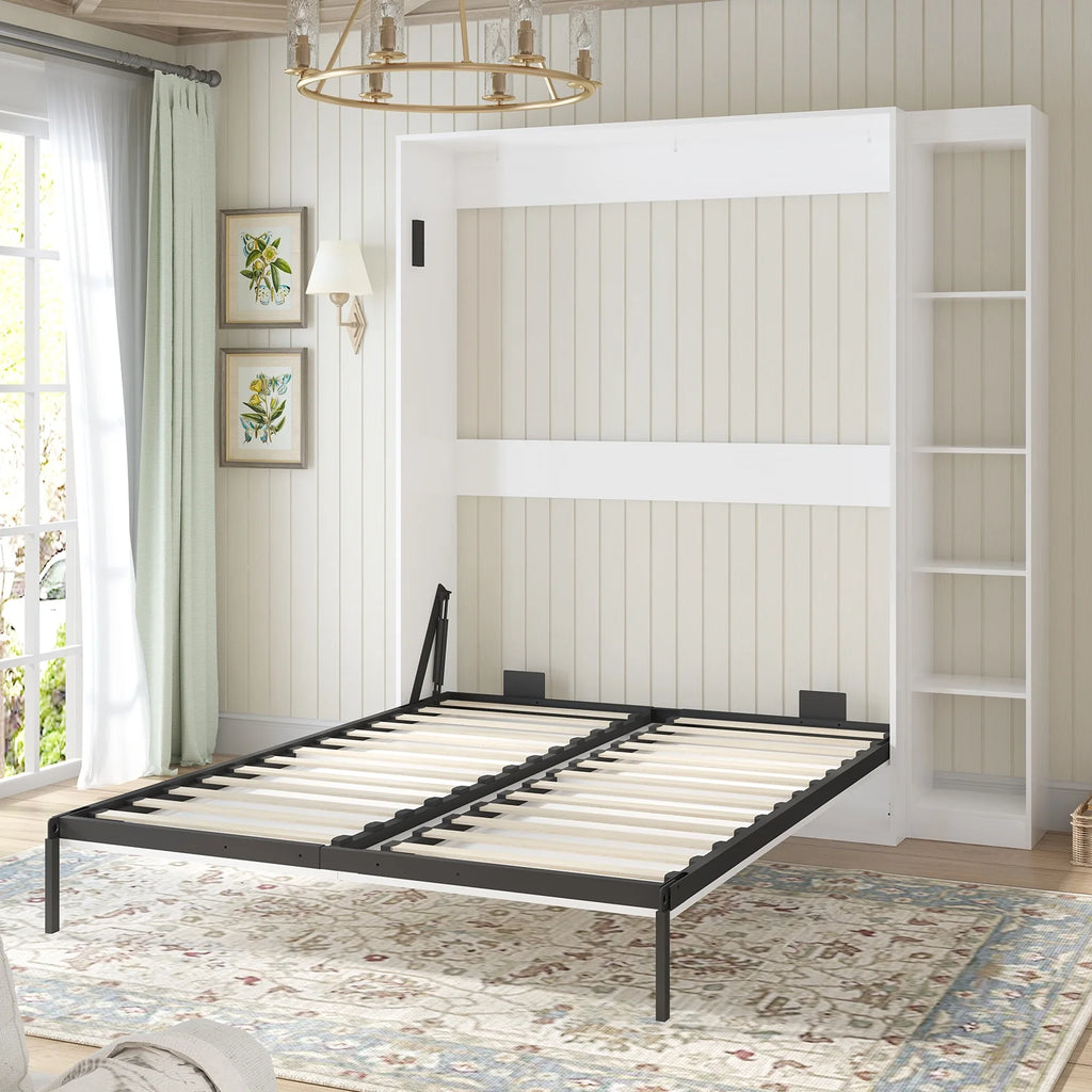 Foldable Murphy Bed with 1 Side Cabinet, White Y444288