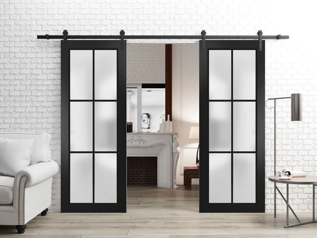 Matte Black Frosted Glass Double Barn Door 64 x 80 inches A16061
