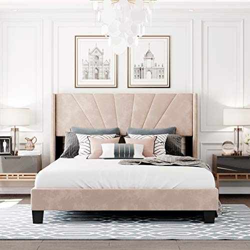 Pink Queen Size Velvet Upholstered Platform Bed with Headboard and Footboard E897818