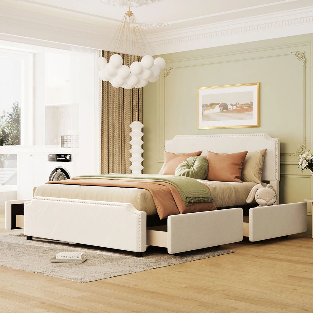 Beige Velvet Queen Size Bed with 4 Storage Drawers M40217