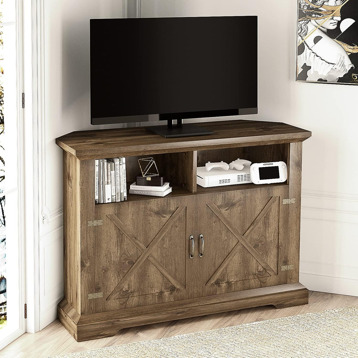 44'' Farmhouse Corner TV Stand with Double Doors & Adjustable Shelves J533819