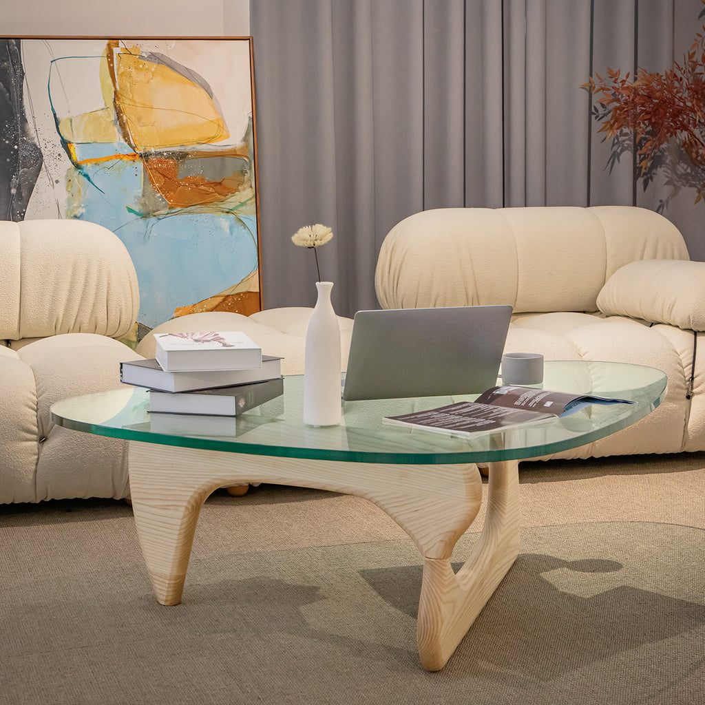 Triangle Tempered Glass Coffee Table Solid Wooden Base A9404