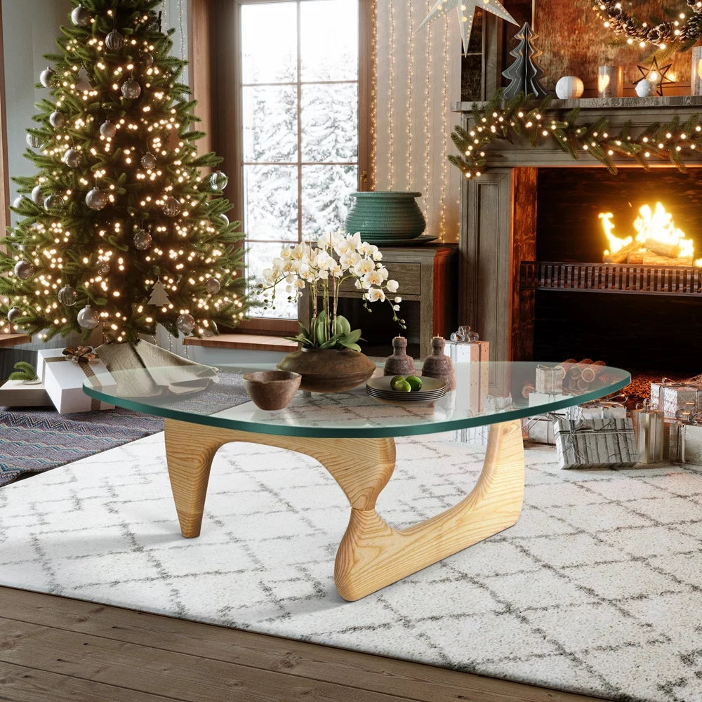 Triangle Tempered Glass Coffee Table Solid Wooden Base A9404