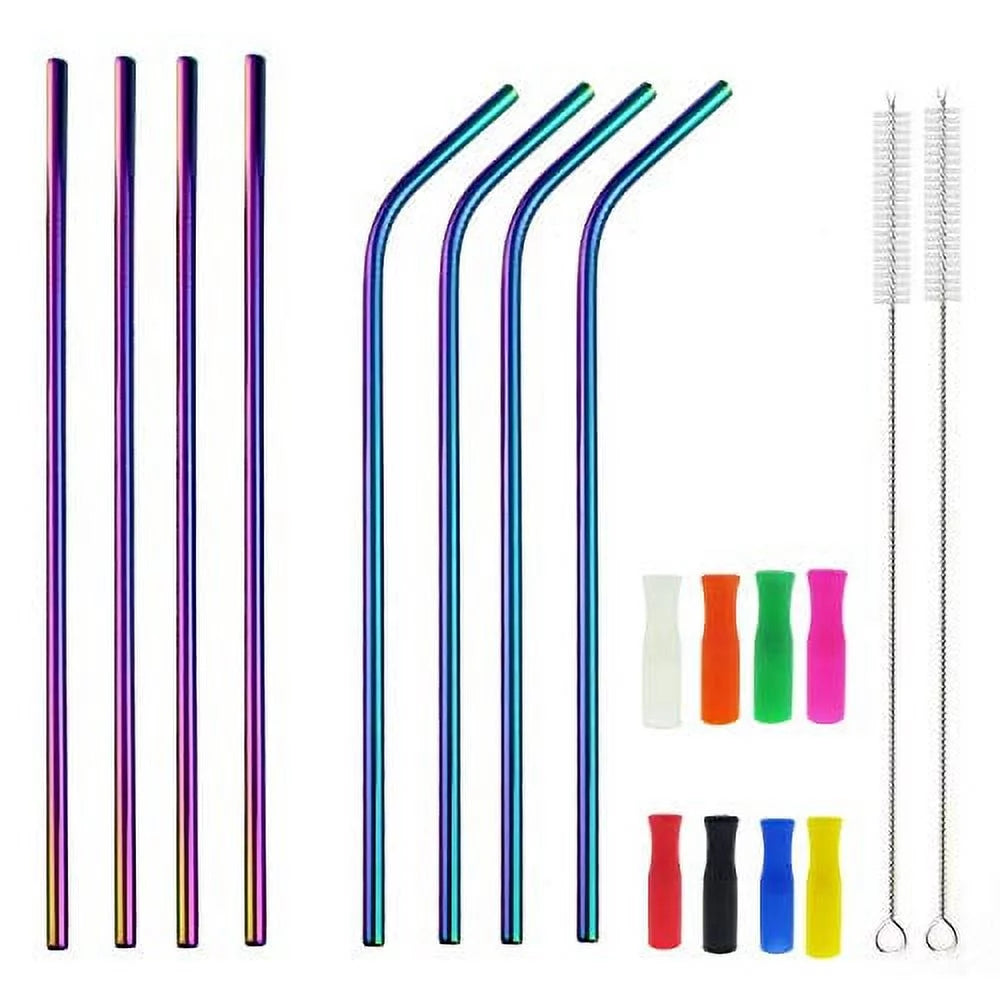 8pcs Reusable Rainbow Color Stainless Steel Straws with Silicone Tips and Cleaning Brush F267