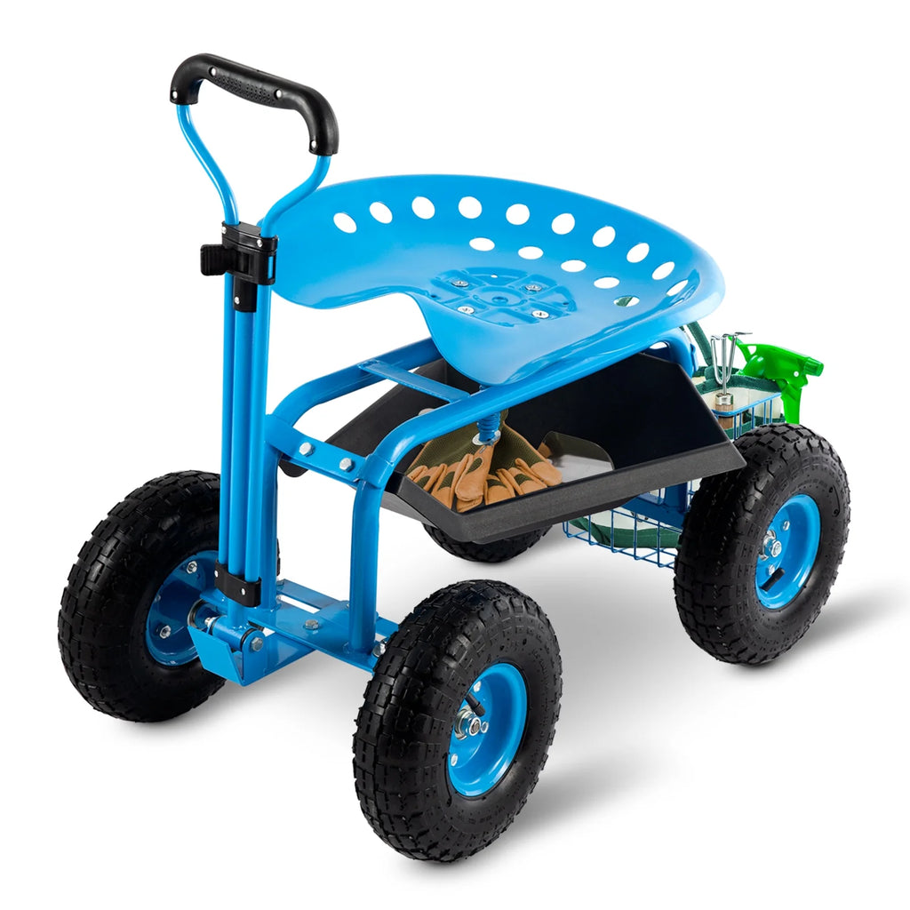 Blue Heavy Duty Rolling Garden Tool Cart with Seat and Storage S6014