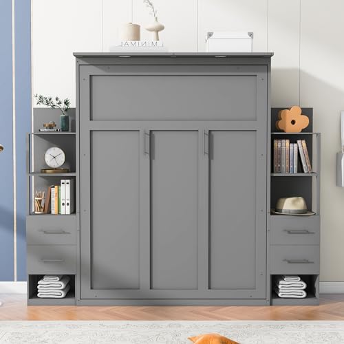 Gray Queen Murphy Bed with Storage Shelves, Drawers and LED Light, Wood Foldable Wall Bed Frame R6341