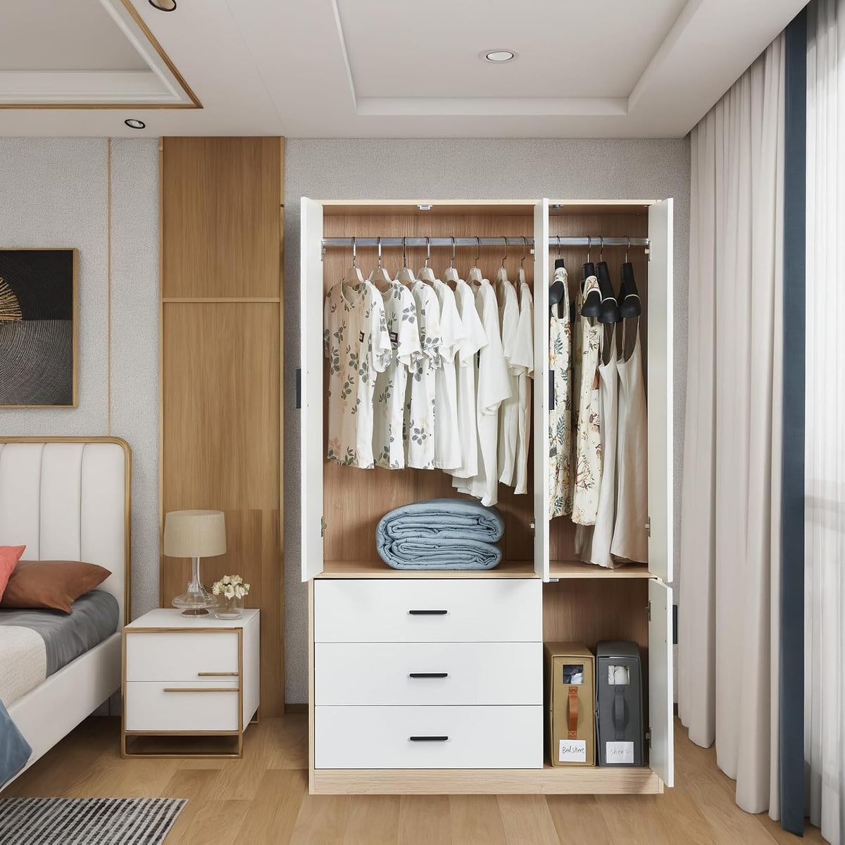 Wooden Wardrobe Closet with 3 Drawers and 2 Doors Y334