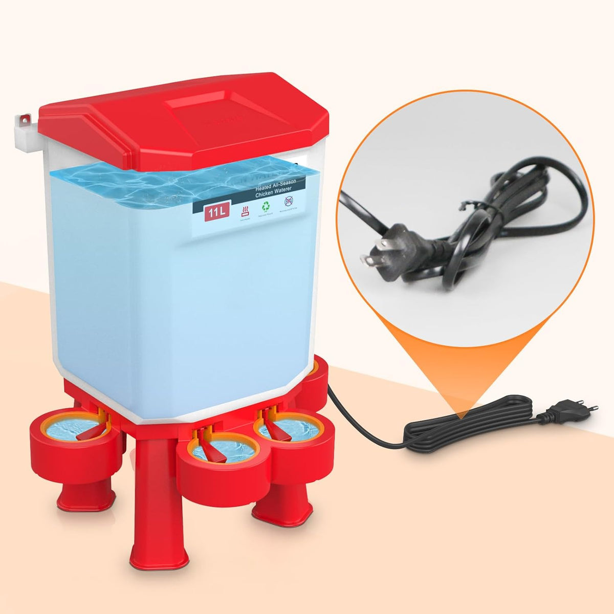 Heated 11L Plastic Poultry Chicken Waterer Y4833
