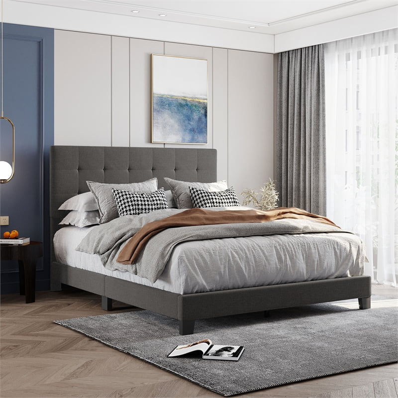 Gray Linen Fabric Queen Upholstered Platform Bed with Tufted Headboard V7557