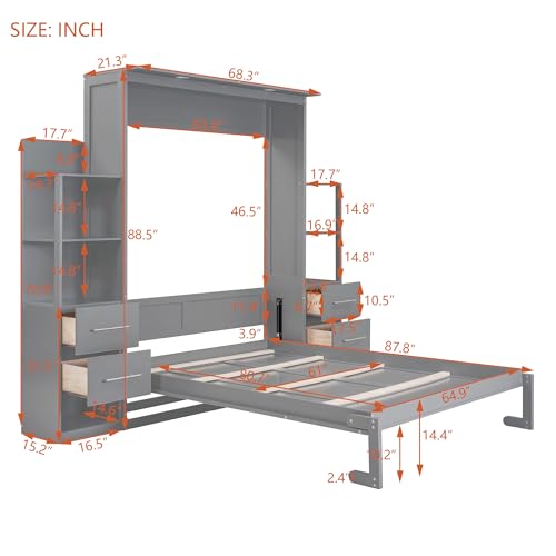 Gray Queen Murphy Bed with Storage Shelves, Drawers and LED Light, Wood Foldable Wall Bed Frame R6341