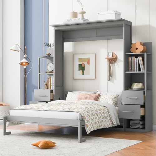 Gray Queen Murphy Bed with Storage Shelves, Drawers and LED Light, Wood Foldable Wall Bed Frame R6341
