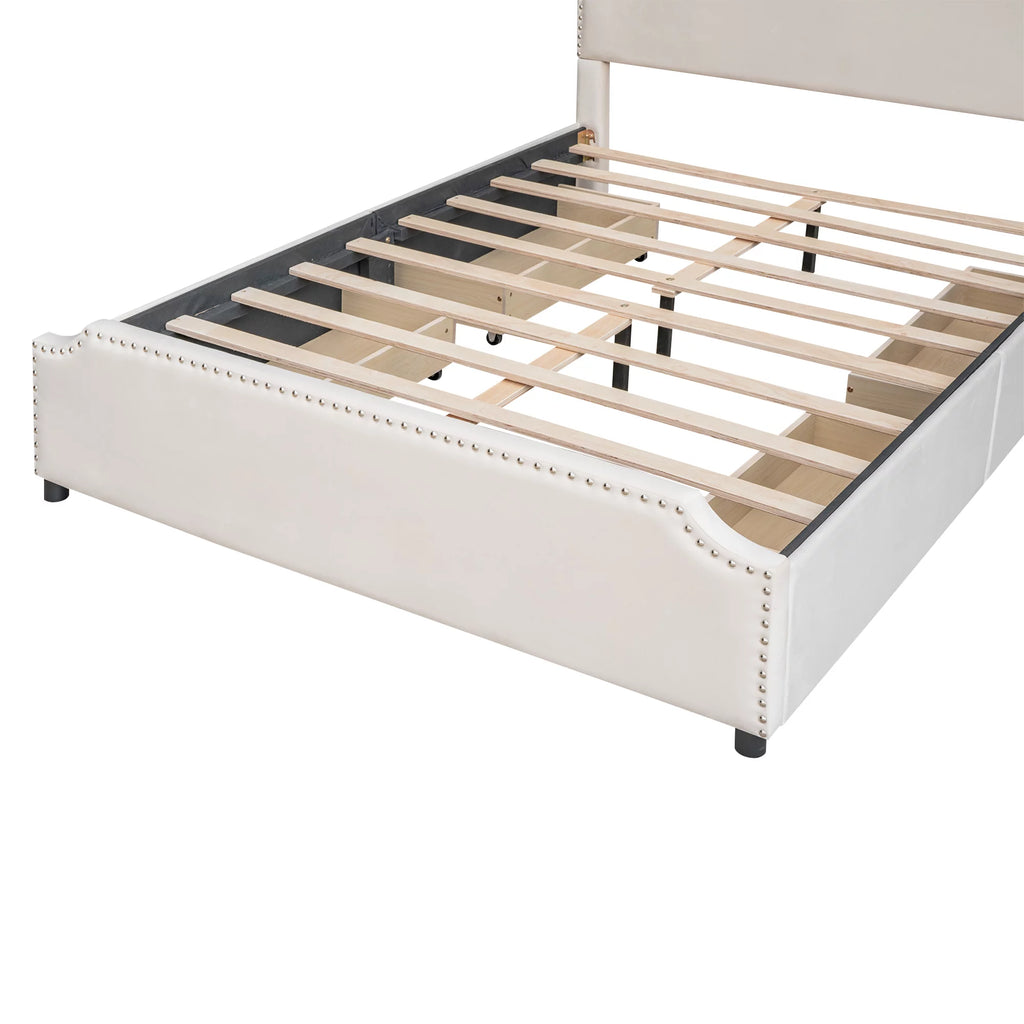 Beige Velvet Queen Size Bed with 4 Storage Drawers M40217