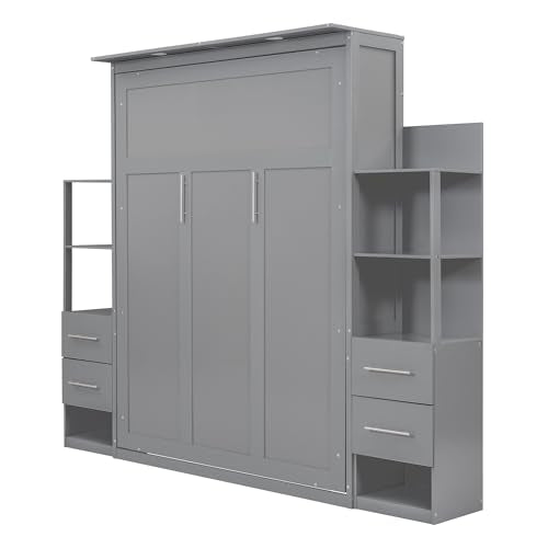 Gray Queen Murphy Bed with Storage Shelves, Drawers and LED Light, Wood Foldable Wall Bed Frame R6341