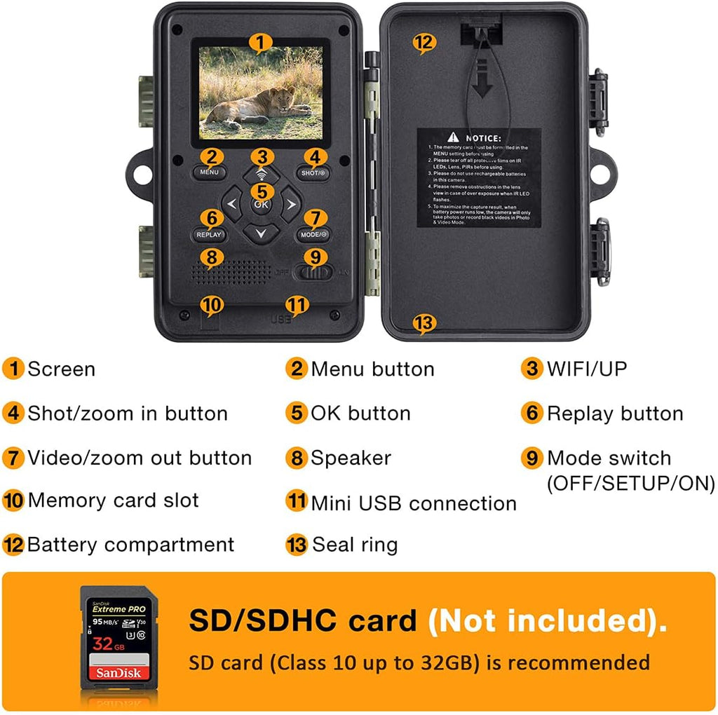 WiFi Bluetooth 1296P 20MP Hunting Game Camera Night Vision Waterproof IP66 R790807