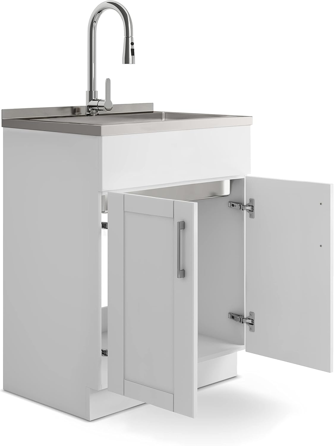 White Laundry Cabinet with Stainless Steel Sink S31019